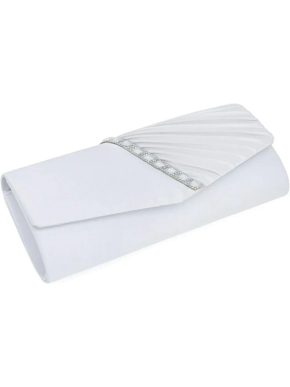 Women's White Crystal Embellished Pleated Satin Clutch Purse For Evening Bag